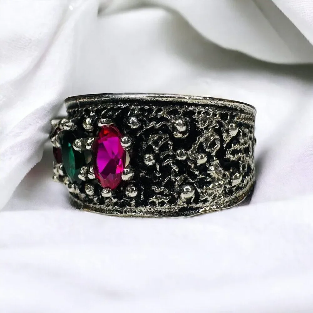 Vintage 10k White Gold Turkish Ring Sz 6.5 Ruby Emerald Sapphire 10mm Band 5.5g